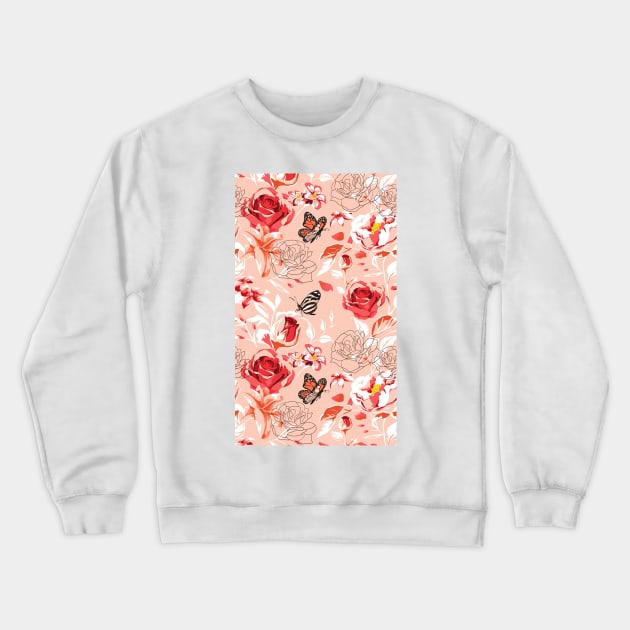 Beautiful Rose Flowers and Butterfly Pattern Artwork Crewneck Sweatshirt by Artistic muss